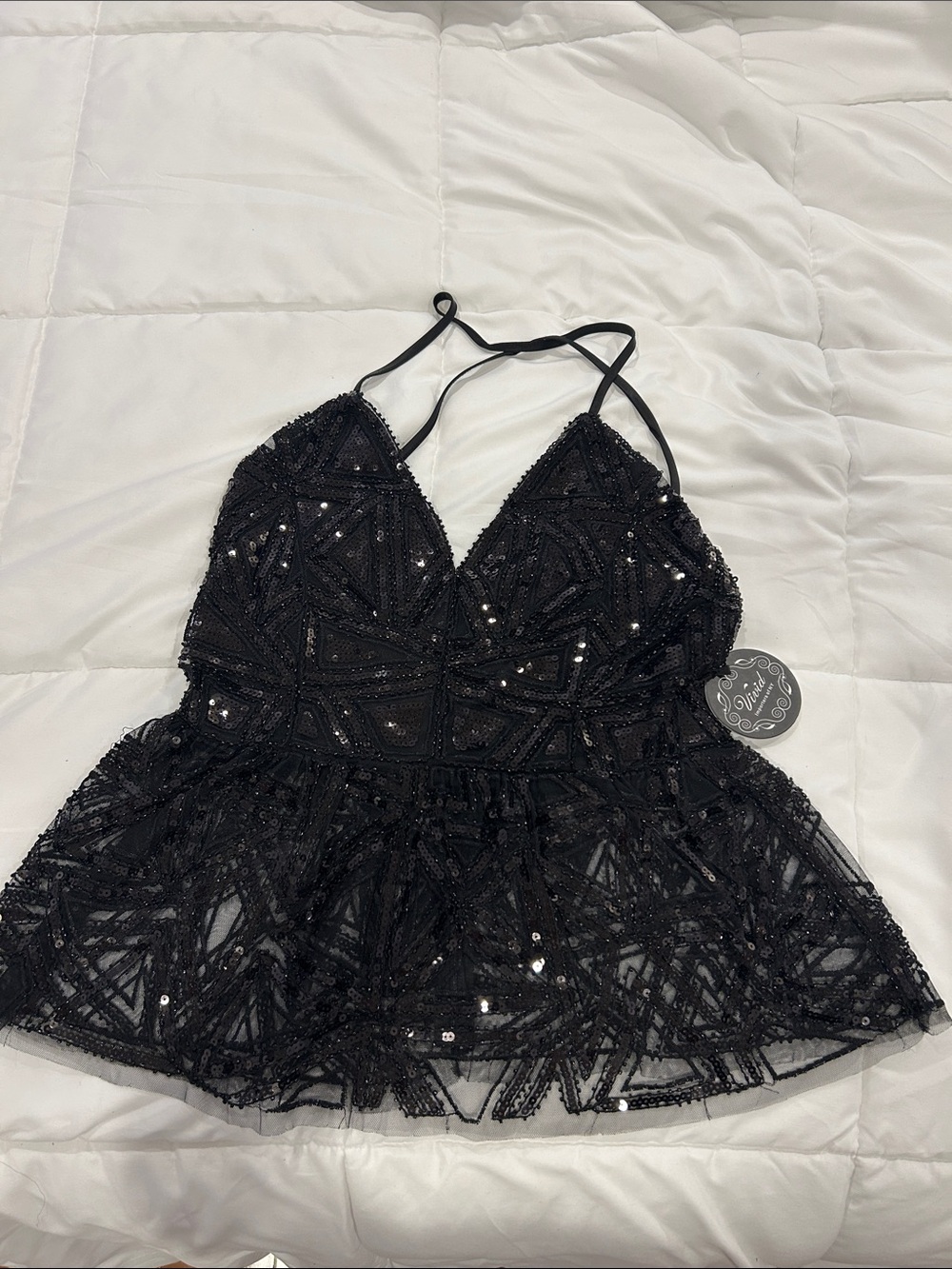 Beaded Black Sequin Lace Peplum Chemise